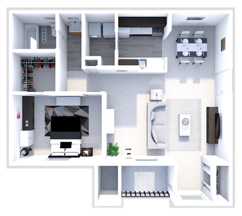 Floor plan for 1 bed, 1 bath, 800 sqft