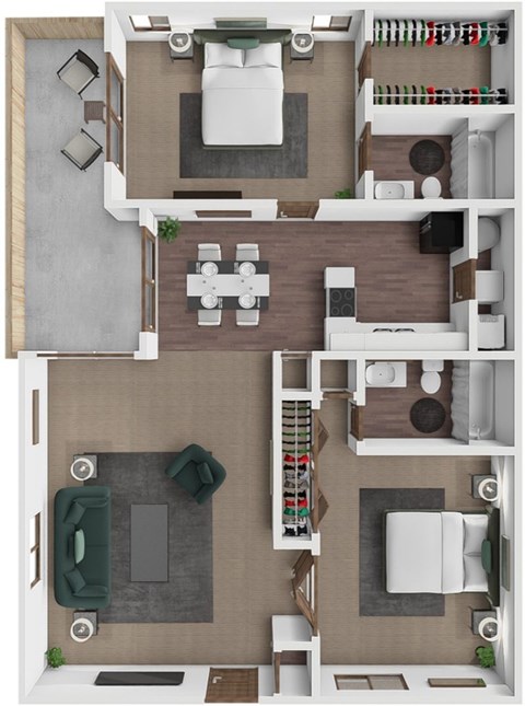 Floor plan for 2 beds, 2 baths, 1232 sqft