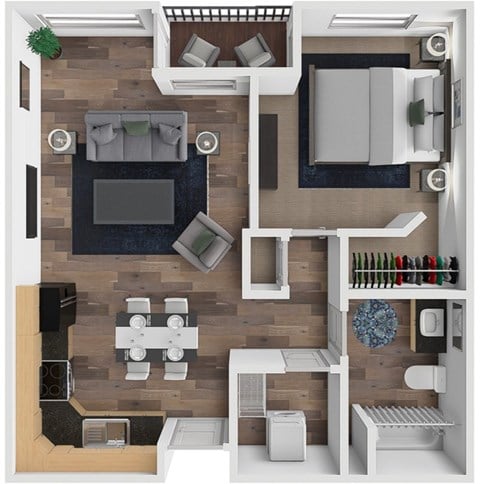 Floor plan for 1 bed, 1 bath, 687 sqft