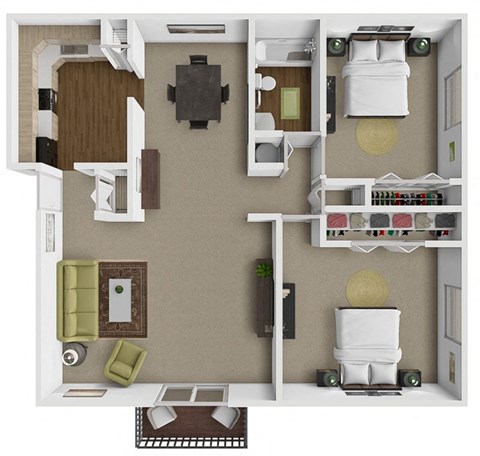 Floor plan for 2 beds, 1 bath, 950 sqft