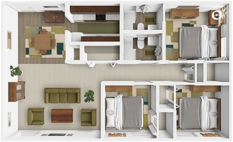 Floor plan for 3 beds, 2 baths, 960 sqft