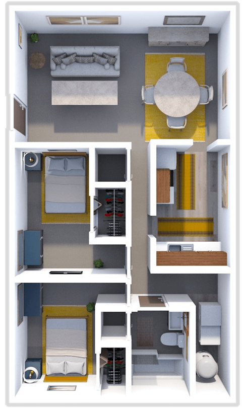 Floor plan for 2 beds, 1 bath, 609 sqft