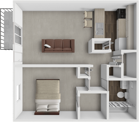 Floor plan for 1 bed, 1 bath, 697 sqft