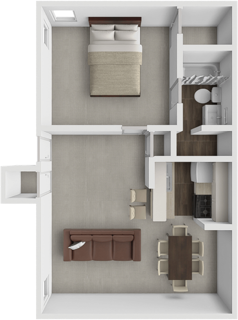 Floor plan for 1 bed, 1 bath, 633 sqft