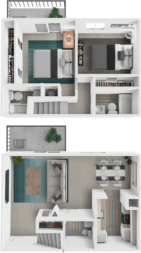 Floor plan for 2 beds, 2.5 baths, 1250 sqft