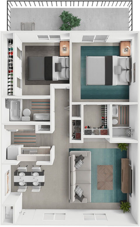 Floor plan for 2 beds, 2 baths, 1100 sqft