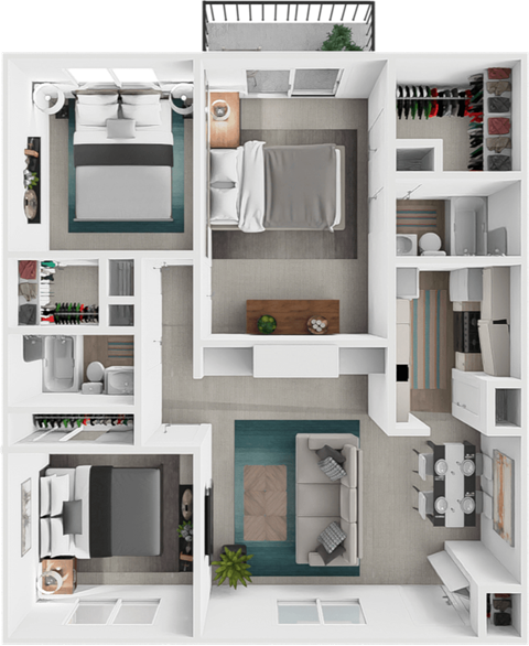 Floor plan for 3 beds, 2 baths, 1375 sqft