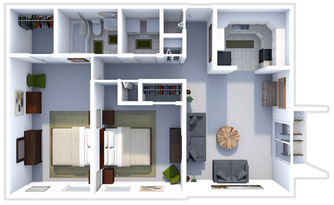 Floor plan for 2 beds, 1 bath, 876 sqft