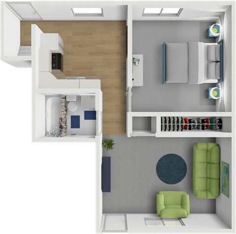 Floor plan for 1 bed, 1 bath, 635 sqft