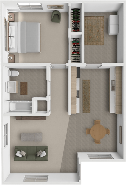 Floor plan for 1 bed, 1 bath, 720 sqft