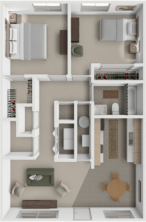 Floor plan for 2 beds, 1 bath, 940 sqft