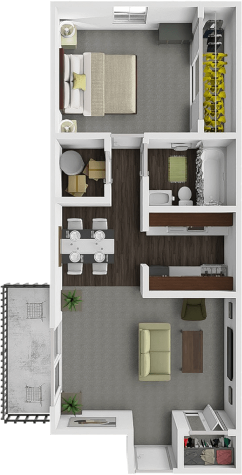 Floor plan for 1 bed, 1 bath, 750 sqft