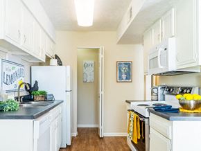Omaha townhouse for rent - a kitchen with white cabinets and white appliances
