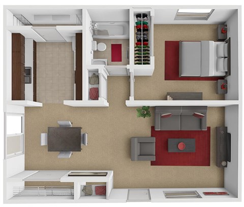 Floor plan for 1 bed, 1 bath, 598 sqft