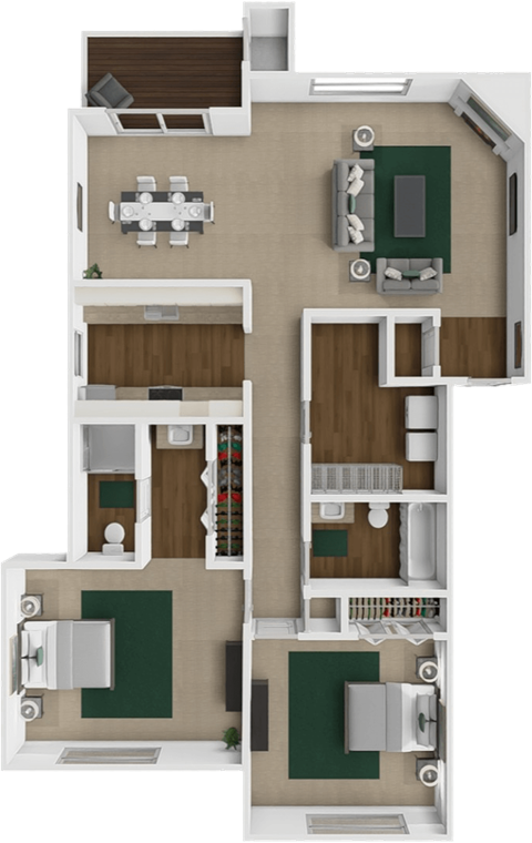 Floor plan for 2 beds, 2 baths, 1028 sqft