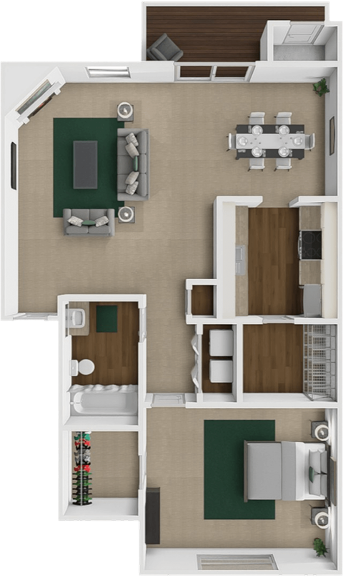 Floor plan for 1 bed, 1 bath, 770 sqft