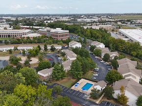 St. Louis townhouse for rent - aerial view of apartments with shade trees