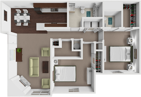 Floor plan for 2 beds, 2 baths, 1077 sqft