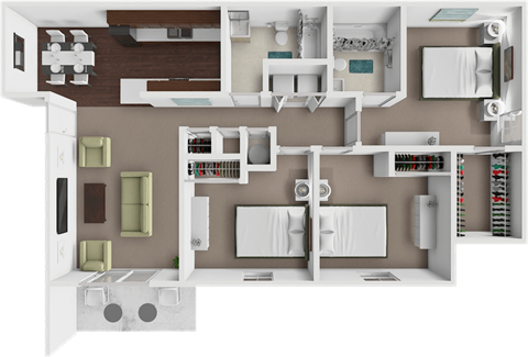Floor plan for 3 beds, 2 baths, 1100 sqft