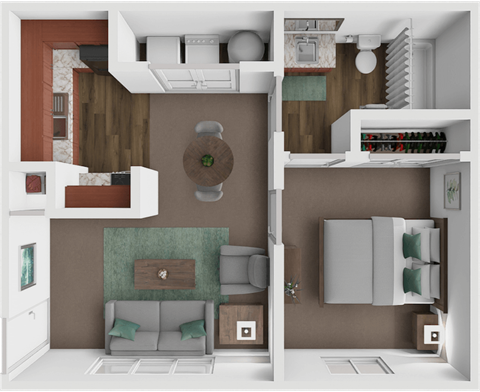 Floor plan for 1 bed, 1 bath, 491 sqft