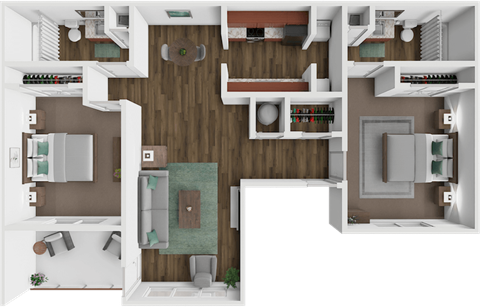 Floor plan for 2 beds, 2 baths, 1017 sqft