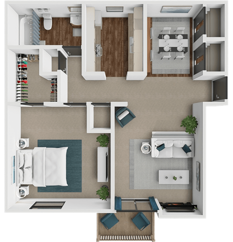 Floor plan for 1 bed, 1 bath, 673 sqft