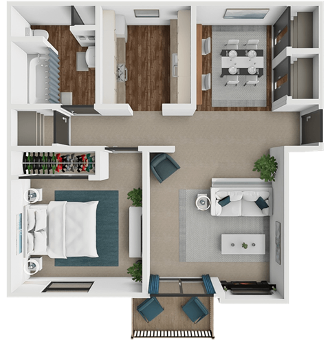 Floor plan for 1 bed, 1 bath, 613 sqft