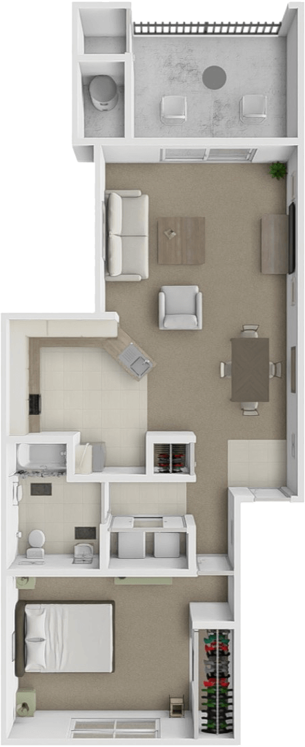 Floor plan for 1 bed, 1 bath, 880 sqft
