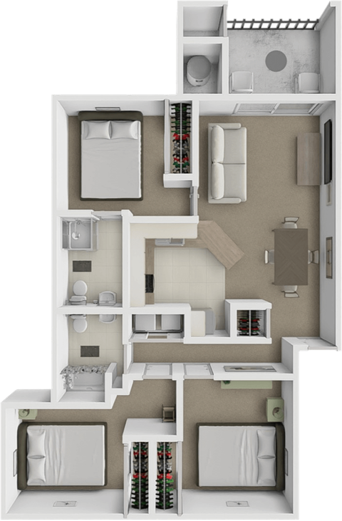 Floor plan for 3 beds, 2 baths, 1200 sqft