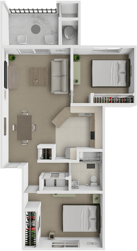 Floor plan for 2 beds, 1 bath, 950 sqft