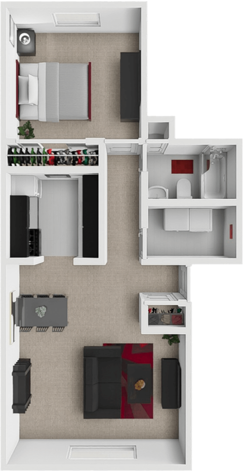 Floor plan for 1 bed, 1 bath, 650 sqft