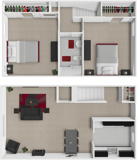 Floor plan for 2 beds, 1 bath, 995 sqft