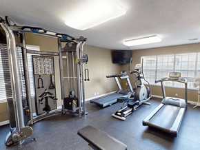 Maryland Heights apartment for rent - A gym with a variety of equipment including treadmills, weights, and a television.