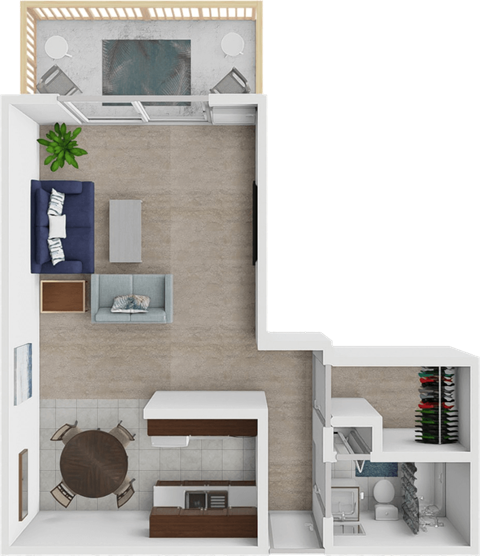 Floor plan for studio, 1 bath, 595 sqft