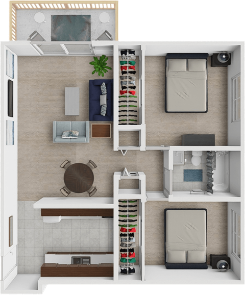 Floor plan for 2 beds, 1 bath, 900 sqft