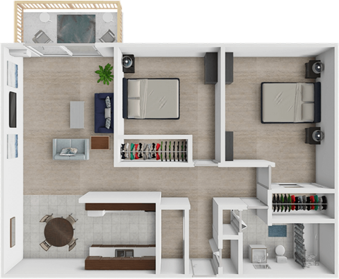 Floor plan for 2 beds, 1 bath, 1050 sqft