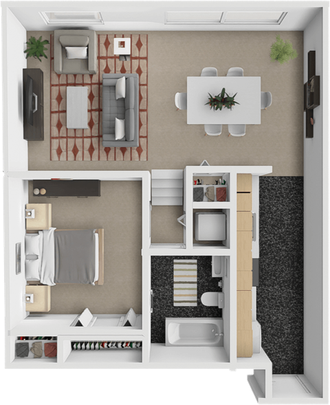 Floor plan for 1 bed, 1 bath, 909 sqft