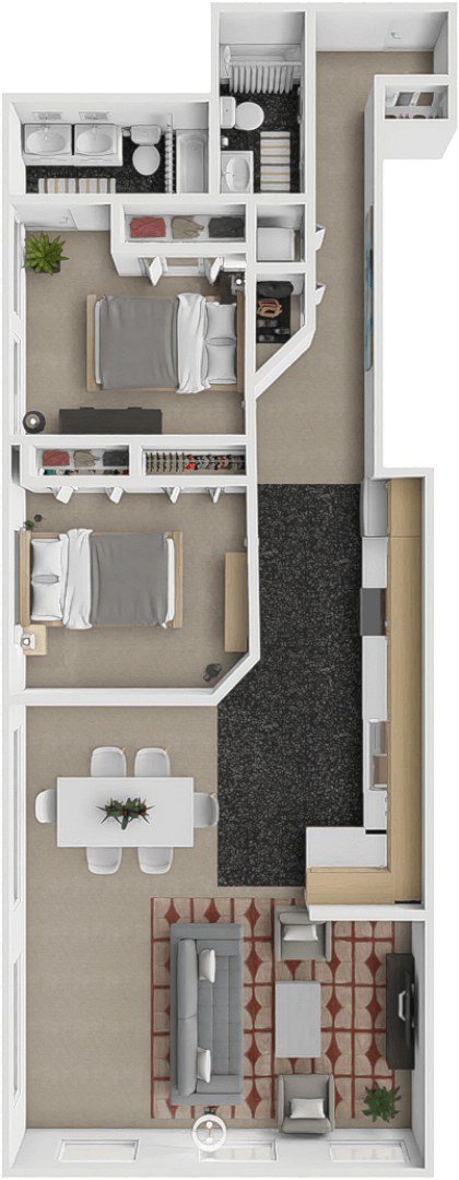 Floor plan for 2 beds, 2 baths, 950 sqft