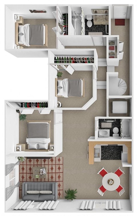 Floor plan for 3 beds, 2 baths, 1607 sqft