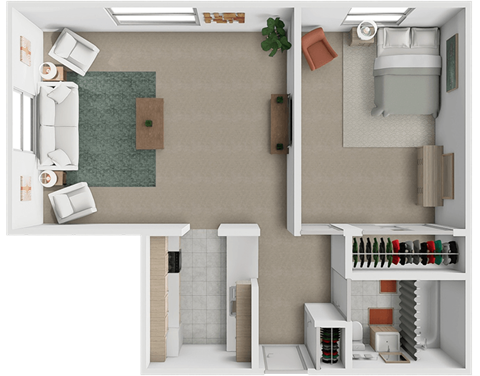 Floor plan for 1 bed, 1 bath, 725 sqft