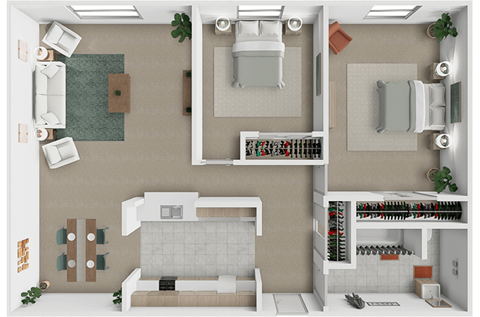 Floor plan for 2 beds, 1 bath, 943 sqft