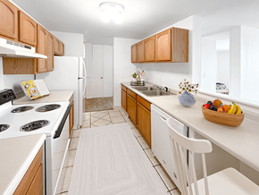 Saint Joseph apartment for rent - a kitchen with white appliances and wooden cabinets
