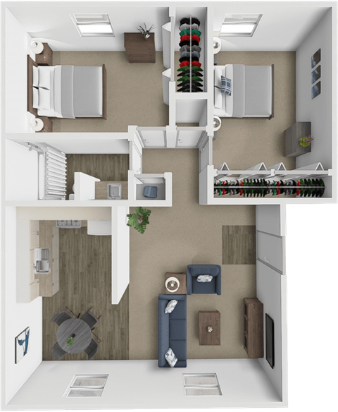 Floor plan for 2 beds, 1 bath, 885 sqft