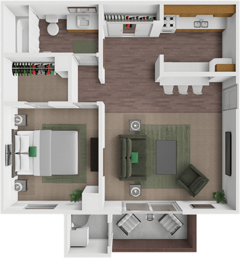 Floor plan for 1 bed, 1 bath, 715 sqft