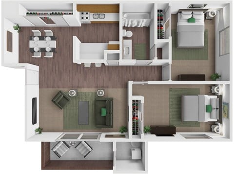 Floor plan for 2 beds, 1 bath, 990 sqft