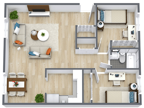 Floor plan for 2 beds, 1 bath, 900 sqft