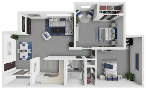 Floor plan for 2 beds, 1 bath, 805 sqft
