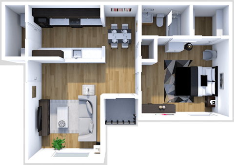 Floor plan for 1 bed, 1 bath, 725 sqft