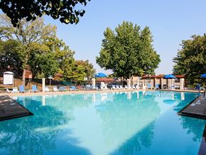 Maryland Heights townhouse for rent - A large swimming pool surrounded by trees and lounge chairs.