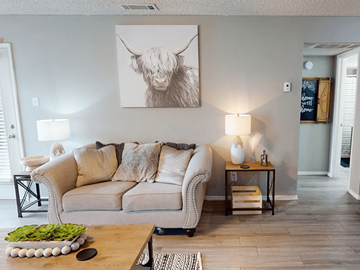 Abilene apartment for rent - A living room with a couch, a coffee table, and a painting of a cow on the wall.
